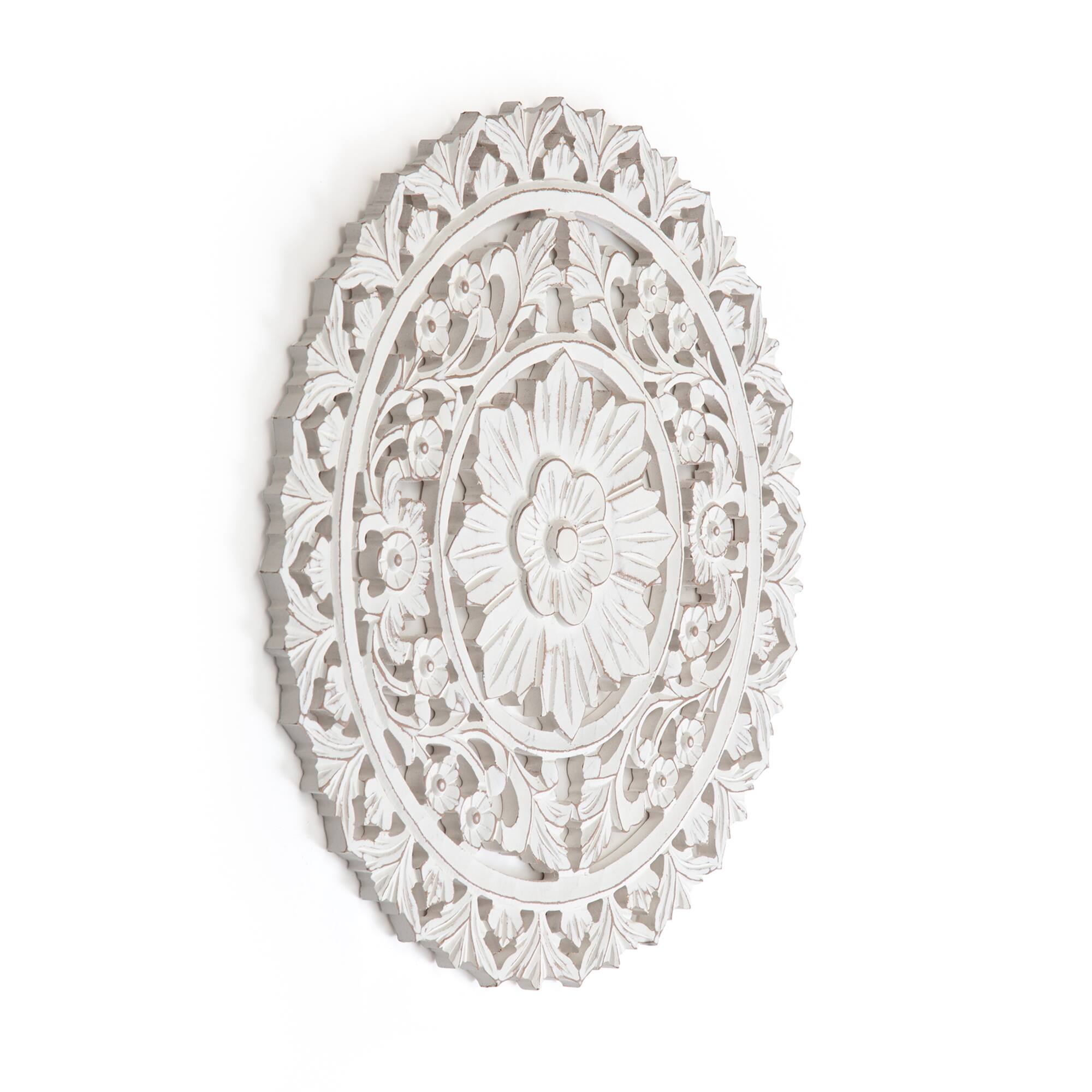 Habitat Etta 24" White Carved Floral Round Wall Art